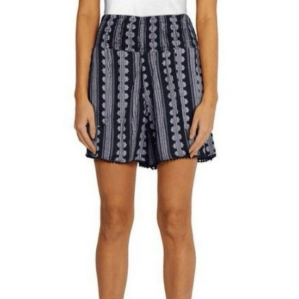 Three Dots Navy White High Rise Batik Blousy Shorts Ric Rac Trim Size XL
